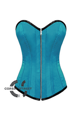 Blue Satin Gothic Burlesque Bustier Waist Training LONG Overbust Corset Costume